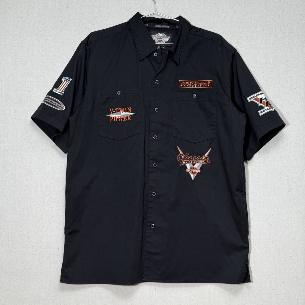 Harley Davidson V-Twin Power Work Shirt Mens Large Black Button Up‎ Patches